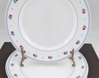 6 Arcopal France Dinner Plates Floral Red Tulips Flowers Blue Bands on Rim 10.5"