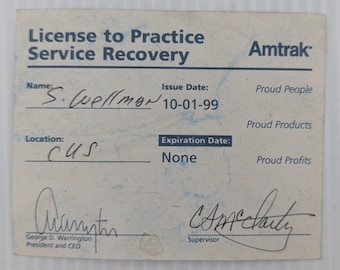 License to Practice Service Recovery Card Permit Amtrak Railroad 1999