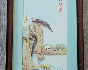 Vintage Chinese Mother Of Pearl Shell Art Village Pagoda Diorama Shadow Box