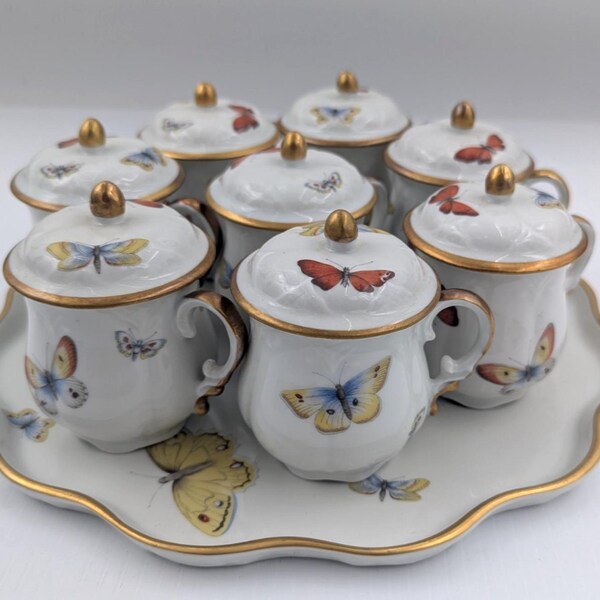 Vintage Limoges 8 Pot de Creme Lidded Cups Set w Platter Butterflies France