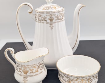 Paragon England Golden Adam Coffee Tea Pot Set with Creamer Sugar Bowl Gold Trim