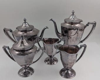 Vintage Van Bergh Nickel Silver Tea Coffee Service 5 Pc Set Sugar Creamer Waste