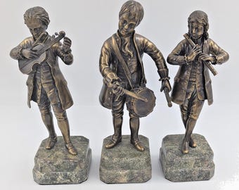 3 Cast Brass Musicians Figurines Set on Stone Base - Violinist, Drummer, Flutist