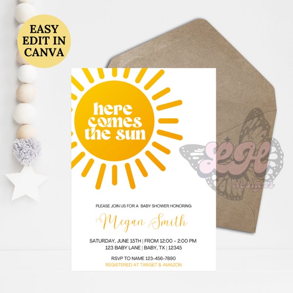 Here Comes the Sun Invitation, editable invite, digital invite, downloadable invitation, baby shower invite, baby shower, Canva templet