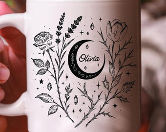 Personalized Floral Moon Mug, Custom Name Ceramic Coffee Cup