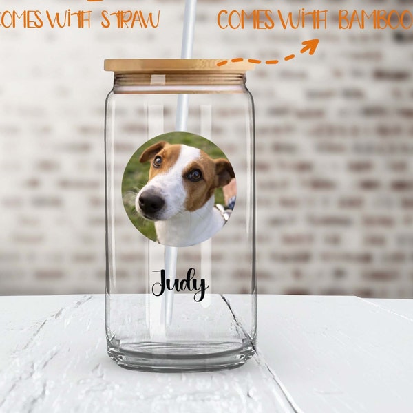 Personalized Pet Photo Glass Tumbler, Custom Picture Glass Cup, Dog Lover Gifts, Cat Lover Gift, Pet Owner Gifts, Dog Mom Glass Jar With Lid