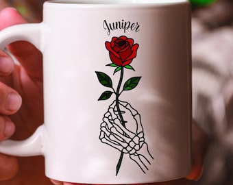 Custom Name Skeleton & Rose Mug: Gothic Floral Coffee Cup