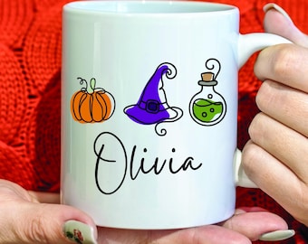 Personalized Halloween Mug, Witch Hat, Pumpkin, Potion, Spooky Gift