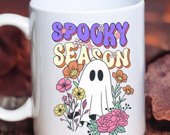 Spooky Season Ghost Mug, Floral Halloween Coffee Mug, Personalized Name