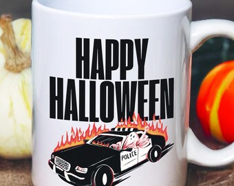 Funny Ghost in Police Car Halloween Mug: Humorous Spooky Coffee Cup