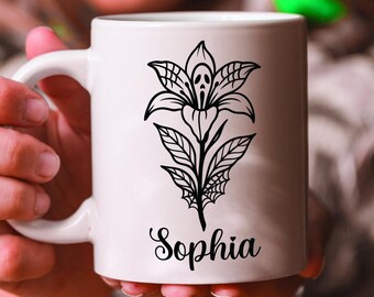 Custom Name Halloween Mug: Gothic Floral Ceramic Cup, Spooky Season Gift