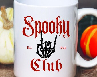Personalized Spooky Club Mug: Gothic Halloween Coffee Cup with Skeleton Hand