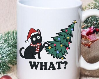 Funny Black Cat Christmas Mug, Naughty Kitty Xmas Tree Coffee Cup