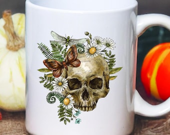 Floral Skull Coffee Mug, Gothic Witchy Decor, Personalized Gift
