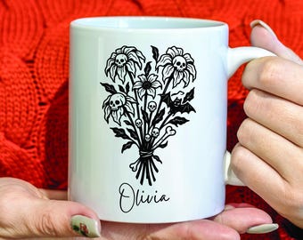 Personalized Halloween Floral Mug: Gothic Flower Design, Custom Name