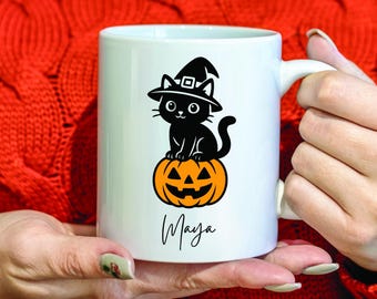 Personalized Halloween Mug: Pumpkin Cat Design, Custom Name Coffee Cup