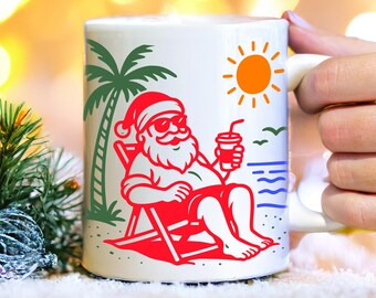 Santa Beach Christmas Mug, Tropical Holiday Coffee Cup