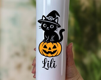 Personalized Halloween Tumbler: Pumpkin Cat Design, Custom Name