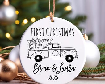Personalized First Christmas Ornament, Vintage Truck, Couple Names