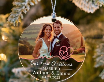 Personalized Wedding Photo Ornament, First Christmas Married Keepsake