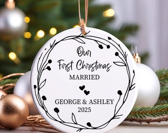 Personalized First Christmas Ornament, Mr and Mrs Newlywed Gift (Ceramic or Acrylic)