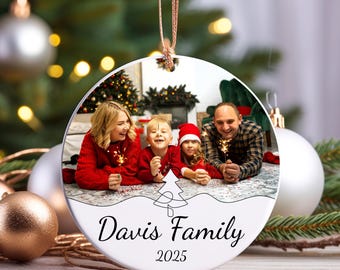 Personalized Family Photo Christmas Ornament, Custom Surname Keepsake