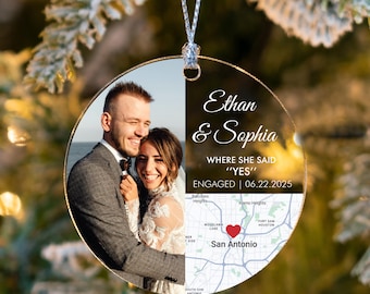 Personalized Engagement Photo Ornament: Custom Names, Date & Map, Christmas Keepsake