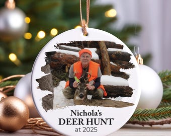 Personalized Deer Hunt Ornament, Custom Name Text & Date, Photo Hunting Ornament, Hunter Gift, First Buck Keepsake, Cabin Christmas Decor