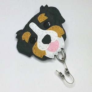 Handsewn Bernese Mountain Dog Badge Reel, Slowstitch ID Holder