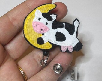 Cow Jumped Over the Moon Badge Reel, Handmade Nursery Rhyme ID Holder