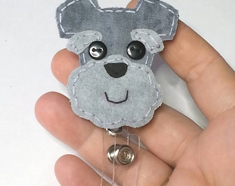 Handmade Schnauzer Badge Reel, Denim Fabric Dog ID Holder