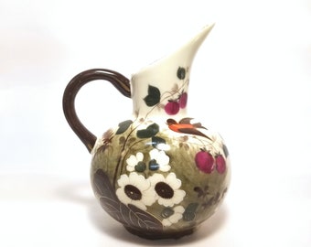 Vintage Porcelain Pitcher Vase, Handpainted Flowers and Bird, 6 Inch
