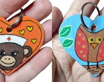Owl Keyring, sock monkey, key holder,nurse, monkey, Keyring, keychain, hand painted, handmade, gift art