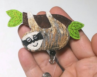 Hand Stitched Sloth Badge Reel, Nurse ID Holder