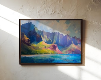 以下が含まれることがあります： 山脈が背景に、青い海が前景に描かれた、色鮮やかな風景の額装された絵画。山は紫、青、緑が混ざり合っており、海は深い青色で白い波が立っている。