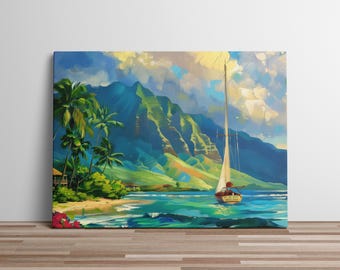 Na Pali Coast Kauai Canvas Print - Tropical Sailboat Wall Art, Kalalau Beach Sunset Painting, Hawaiian Ocean Decor for Home & Office