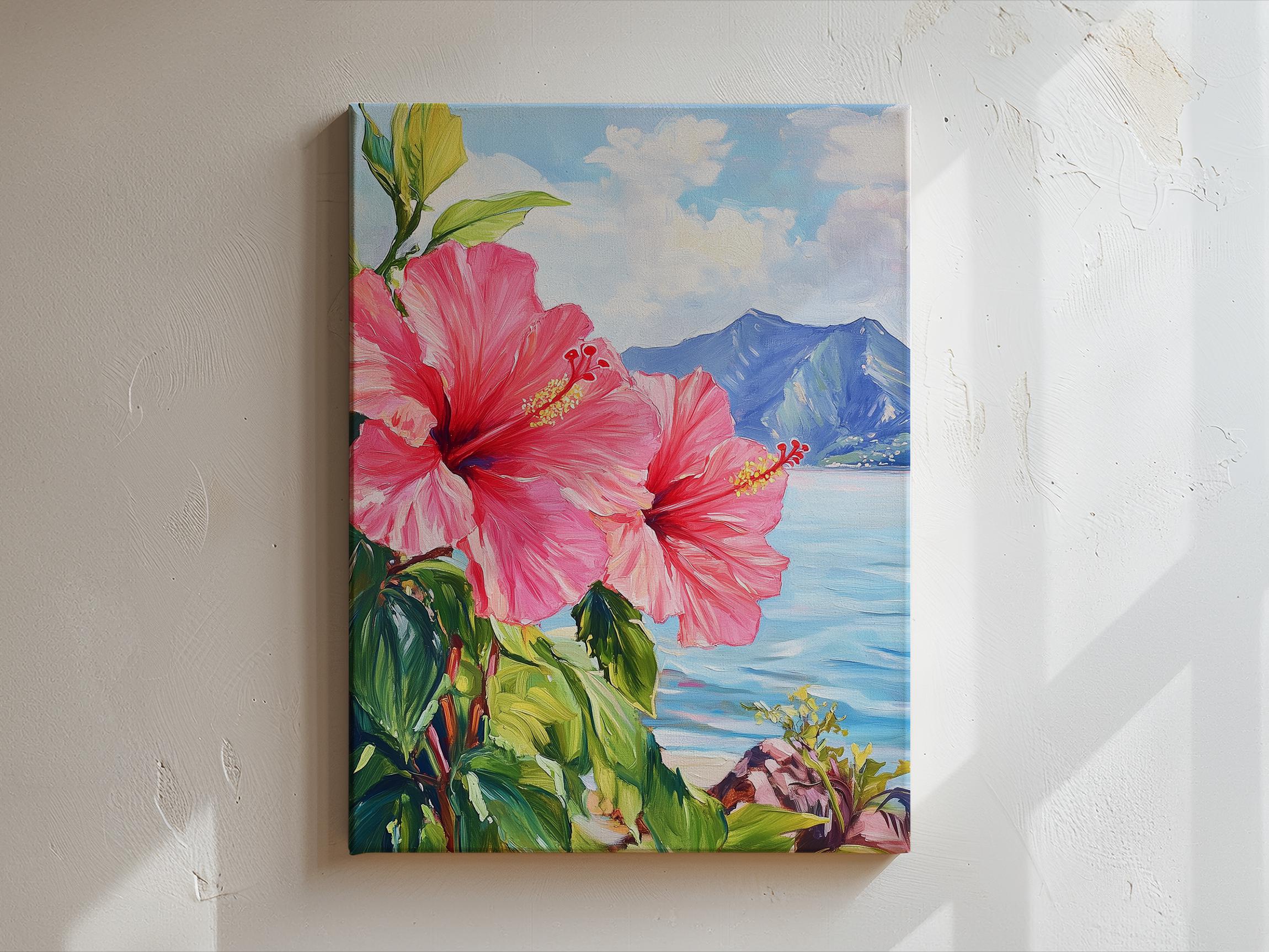 Hibiscus Flower Wall Art – Tropical Floral Canvas Print, Vibrant Pink Botanical Painting for Hawaiian, Coastal, or Island-Inspired Decor