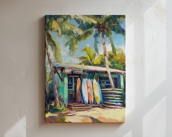 Puede incluir: Una pintura de una tienda de surf con tablas de surf coloridas apoyadas en el edificio. La tienda está pintada de verde y tiene un toldo de madera. Hay palmeras en el fondo.
