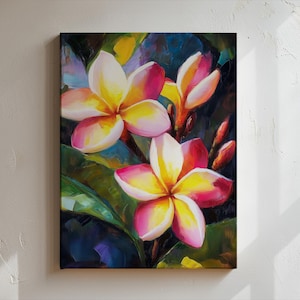 Plumeria Flower Wall Art – Tropical Floral Canvas Print, Vibrant Pink and Yellow Botanical Painting for Hawaiian or Island Home Decor