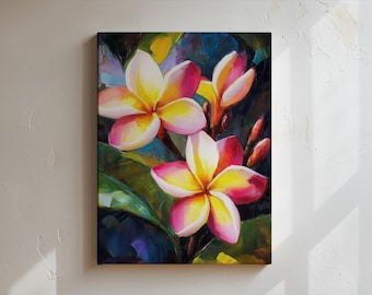 Plumeria Flower Wall Art – Tropical Floral Canvas Print, Vibrant Pink and Yellow Botanical Painting for Hawaiian or Island Home Decor