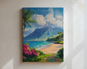 Hawaiian Beach Oil Painting Wall Art - Coastal Canvas Print with Palm Trees - Tropical Decor Gift