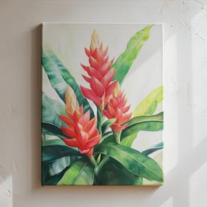Red Ginger Flower Canvas Print - Tropical Botanical Wall Art, Vibrant Floral Decor, Nature-Inspired Painting for Home & Office