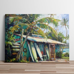 Surf Wall Art Print on Canvas Surf Shack Oil Painting for Bedroom Wall Decor Vintage Landscape Art Hawaii Island Gift