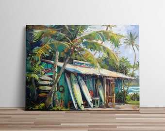 Tropical Surf Shack Canvas Print – Beach House Decor, Coastal Wall Art, Surfboards & Palm Trees Painting, Ocean Lover Gift