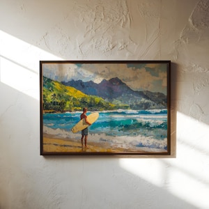 Surfer Oil Painting – Hawaii Surf Art Print, Tropical Beach Wall Decor, Ocean Surfing Landscape for Surfers