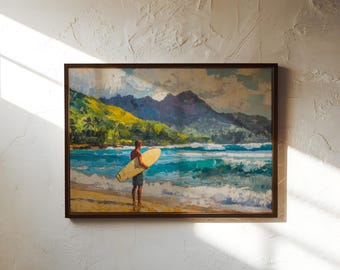 Pintura al óleo de surfista: impresión artística de surf hawaiana, decoración de pared de playa tropical, paisaje de surf oceánico para surfistas