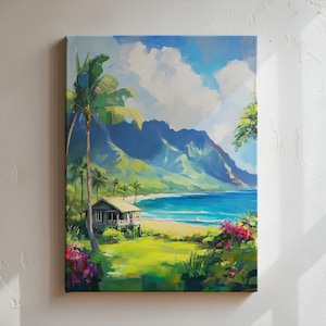 Hanalei Hawaii Art Print, Kauai Landscape Print for Wall Decor Oil Painting Art for Home Decoration Gift - Tropical Wall Art