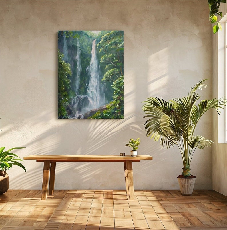 Tropical Waterfall Wall Art – Lush Jungle Landscape Canvas Print, Green ...