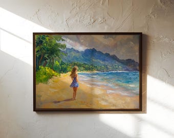 Puede incluir: Una pintura de una mujer con un vestido azul de pie en una playa mirando hacia el océano. La playa es arenosa y hay montañas en el fondo.