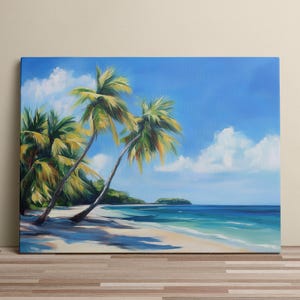 Tropical Beach Canvas Print - Palm Tree Seascape Wall Art, Coastal Ocean Decor, Caribbean Paradise Painting, Relaxing Summer Vibes